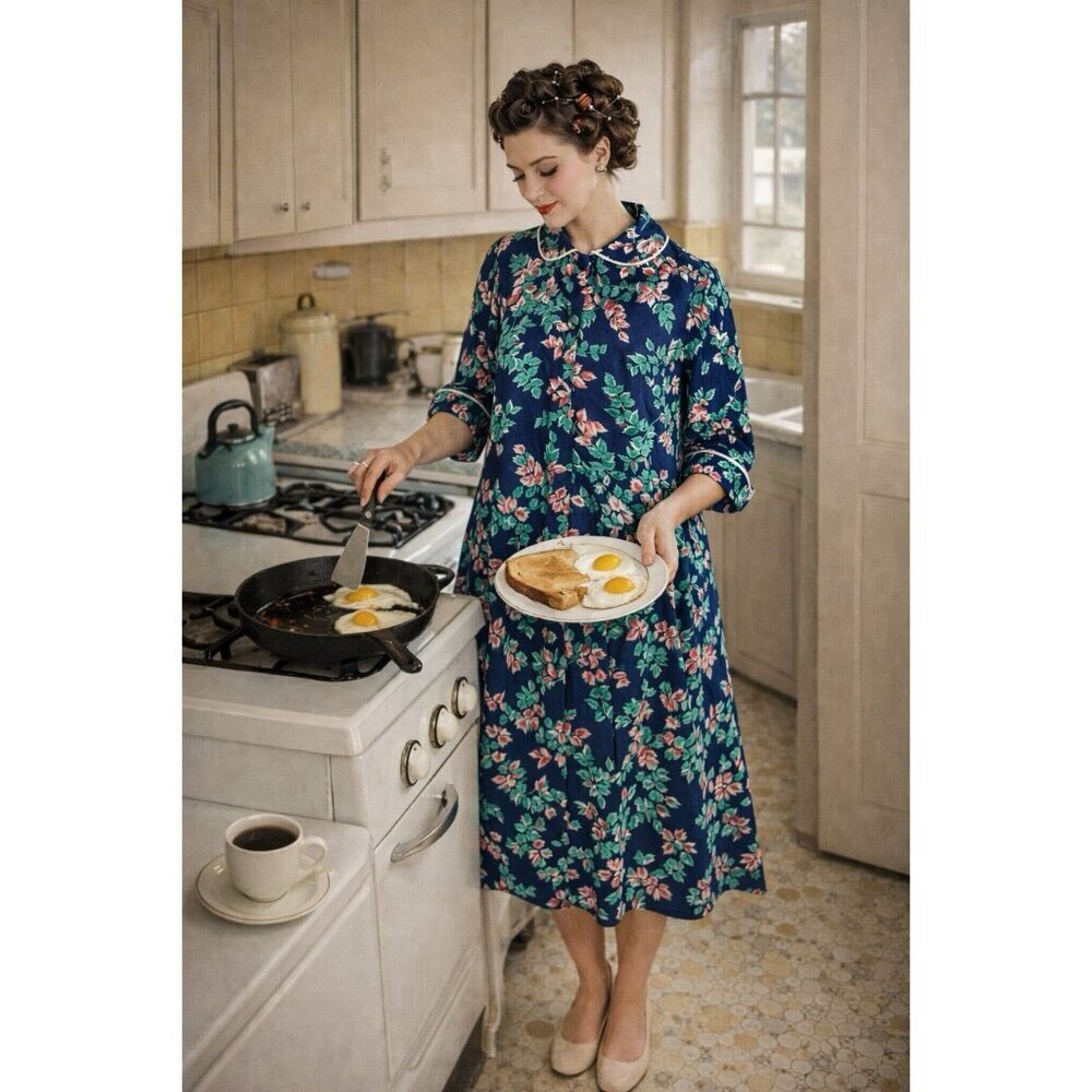 Vintage 1940s Kamore Womens House Coat Sz Medium Blue Pink Floral Rayon Robe